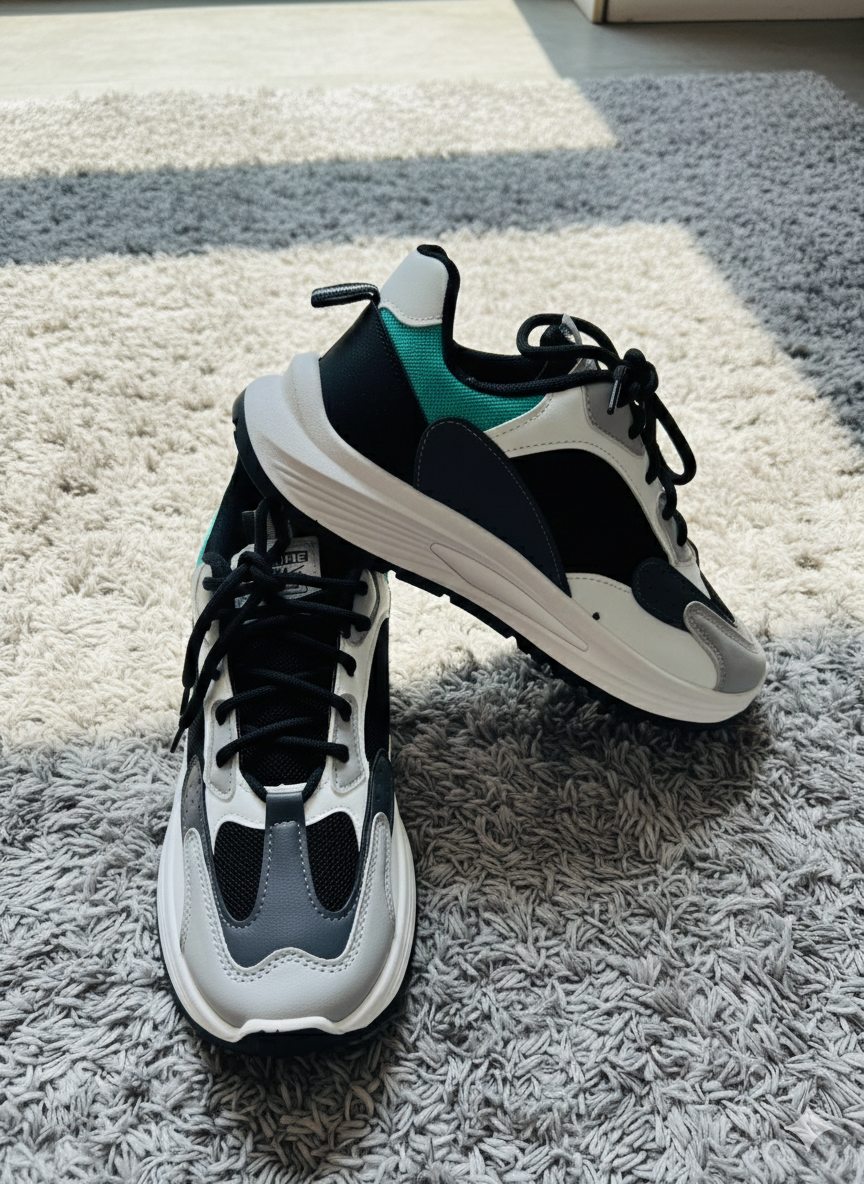 Chunky Platform Athletic Trainers | Black, White & Teal Accent Mesh Lifestyle Sneakers