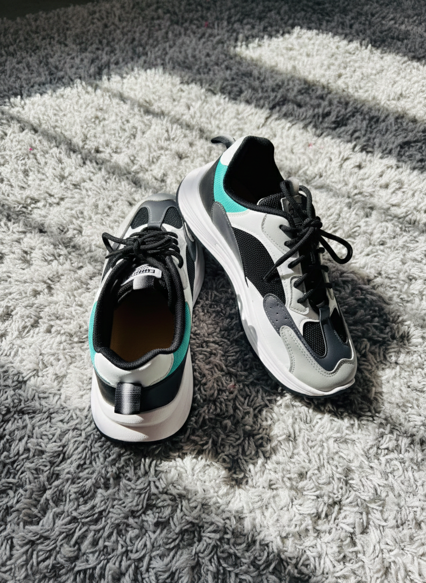 Chunky Platform Athletic Trainers | Black, White & Teal Accent Mesh Lifestyle Sneakers