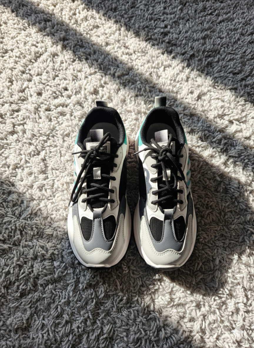 Chunky Platform Athletic Trainers | Black, White & Teal Accent Mesh Lifestyle Sneakers