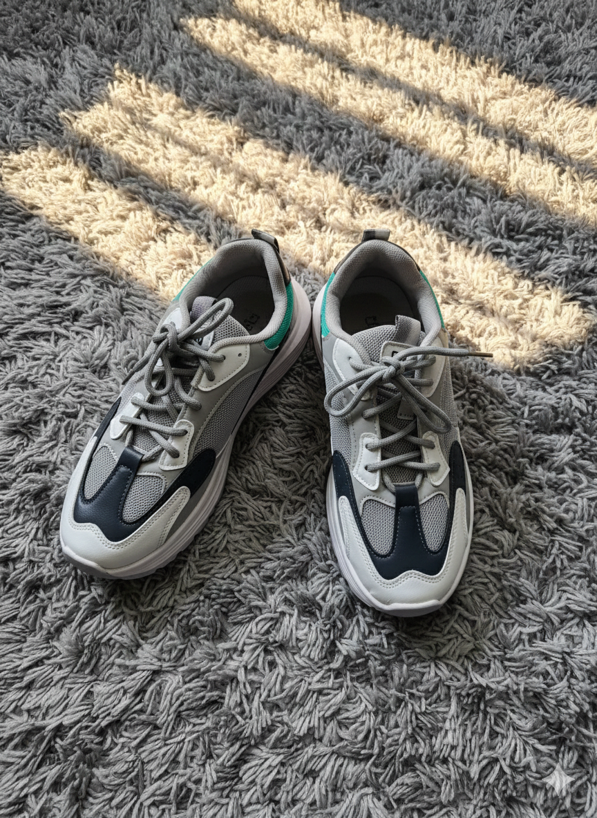 Grey Multi-Panel Chunky Platform Trainers | Teal Accent Mesh & Faux Leather Fashion Sneakers