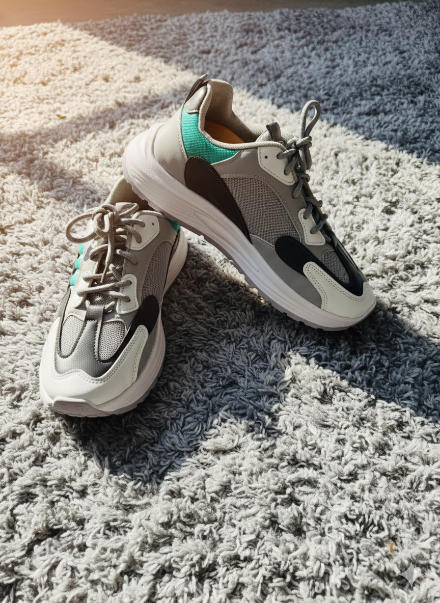 Grey Multi-Panel Chunky Platform Trainers | Teal Accent Mesh & Faux Leather Fashion Sneakers