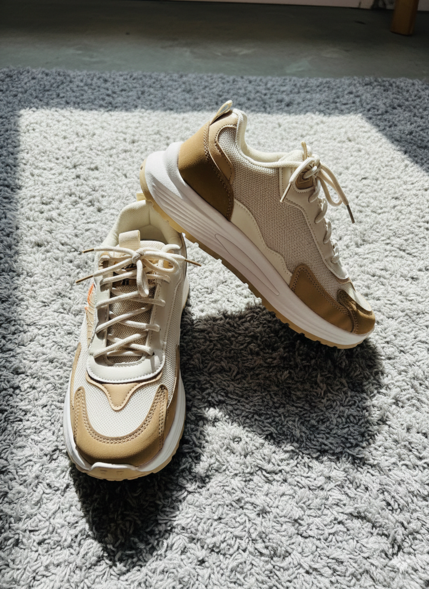 Unisex Beige and Tan Chunky Mesh Trainers – Multi-Tone Platform Sneakers