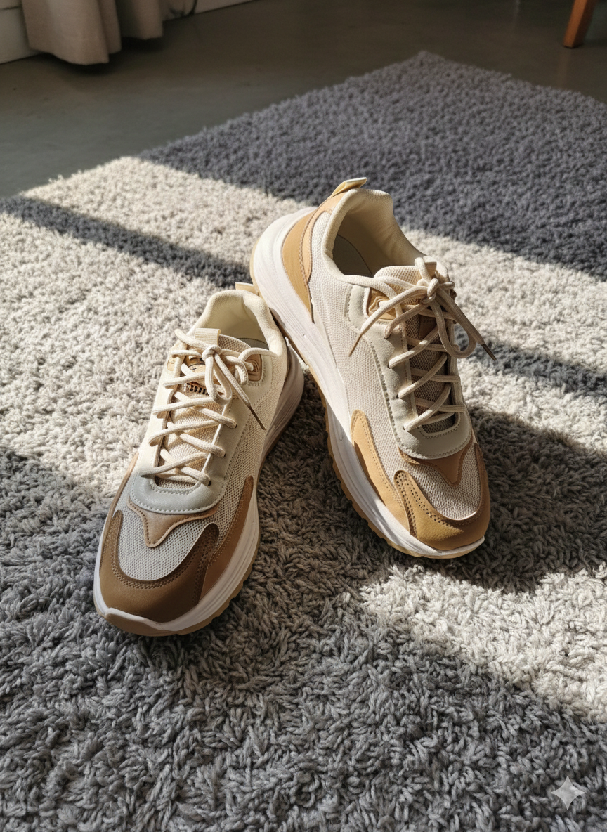 Unisex Beige and Tan Chunky Mesh Trainers – Multi-Tone Platform Sneakers