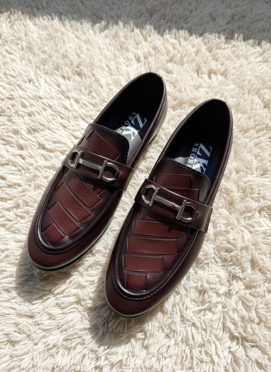 Men’s Brown Faux Leather Loafers | Premium Slip-On Dress Shoes with Metal Buckle