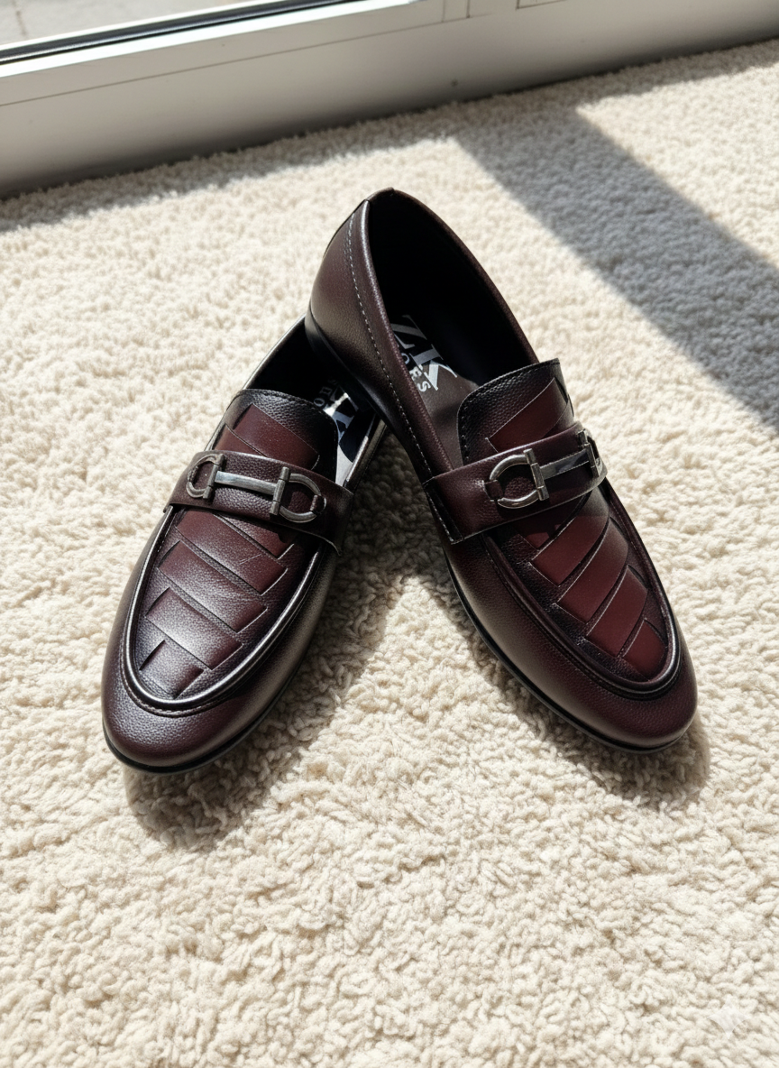 Men’s Brown Faux Leather Loafers | Premium Slip-On Dress Shoes with Metal Buckle