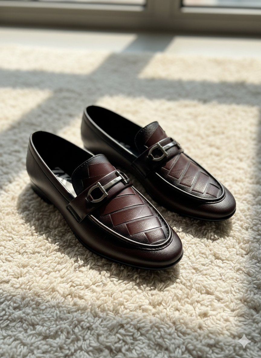 Men’s Brown Faux Leather Loafers | Premium Slip-On Dress Shoes with Metal Buckle