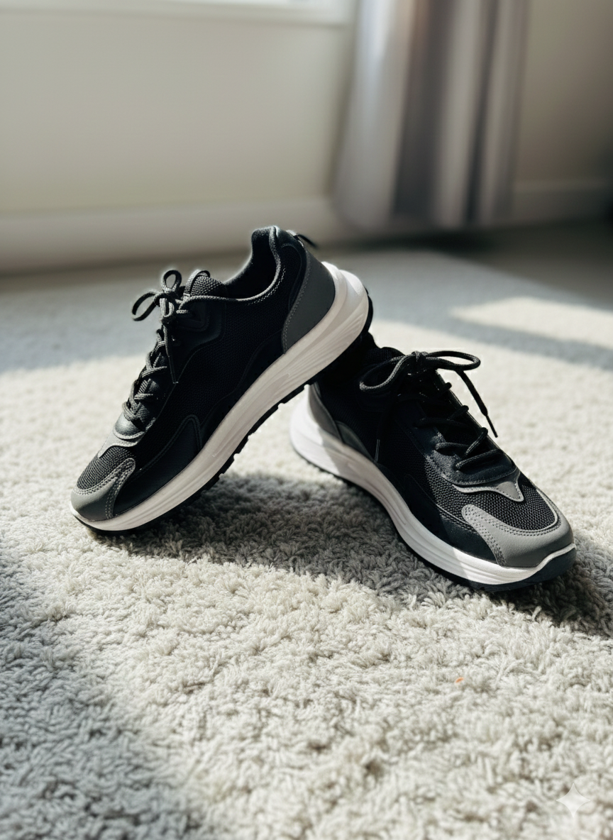 Men’s Black & Grey Mesh Running Sneakers | Lightweight Lace-Up Athletic Shoes with Cushioned Sole