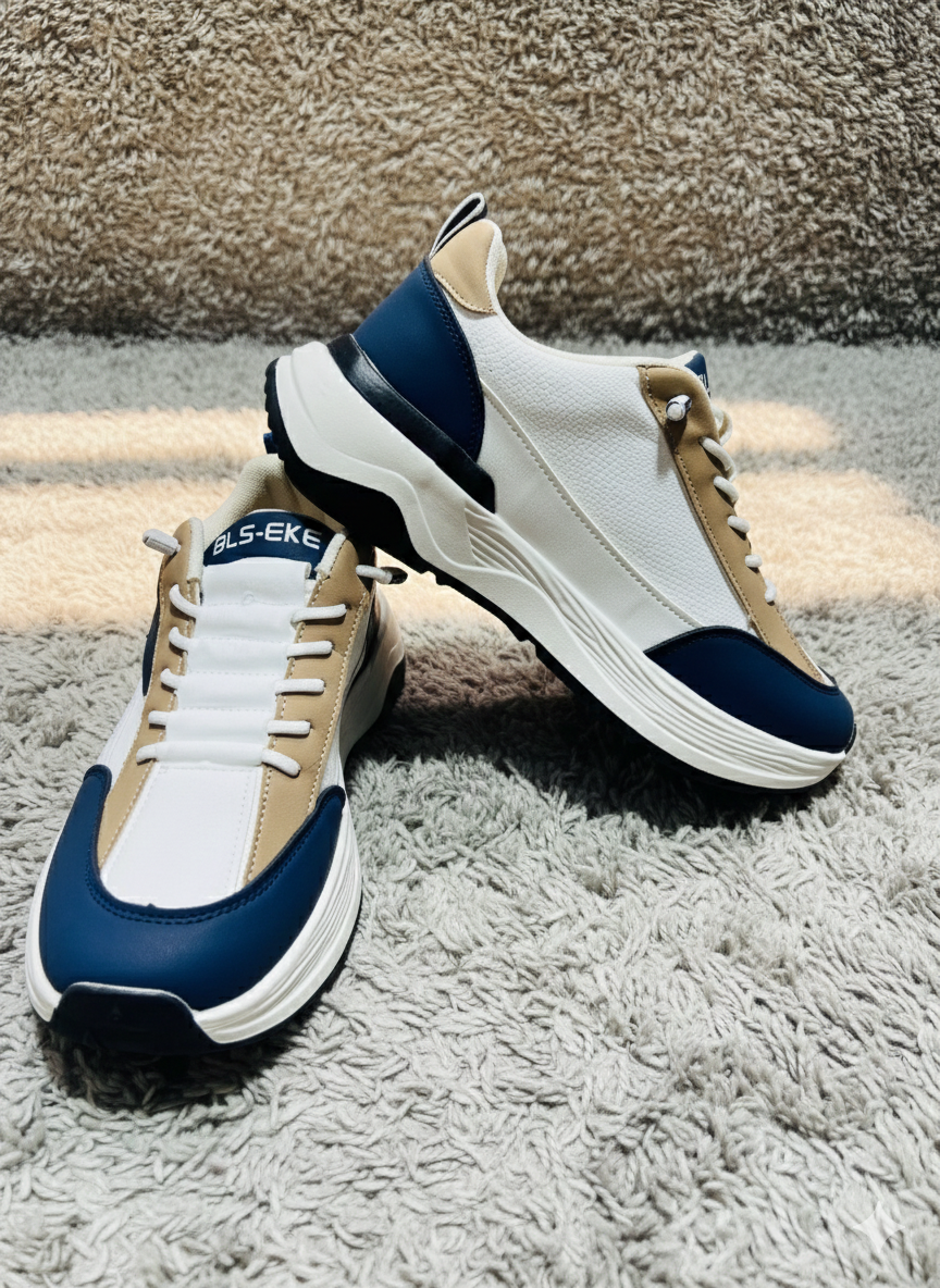 Men’s Premium Chunky Style Fashion Sneakers – Navy, Tan & White