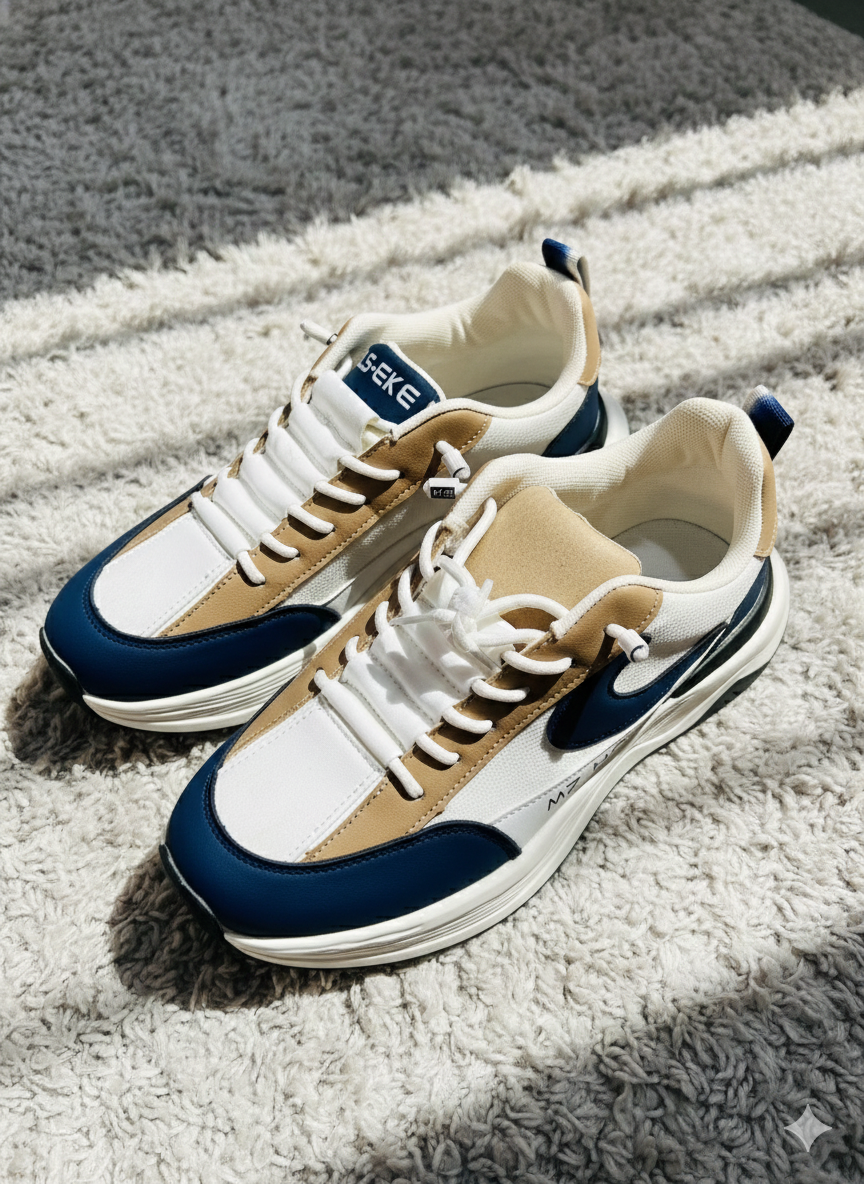 Men’s Premium Chunky Style Fashion Sneakers – Navy, Tan & White