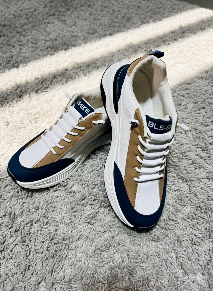 Men’s Premium Chunky Style Fashion Sneakers – Navy, Tan & White