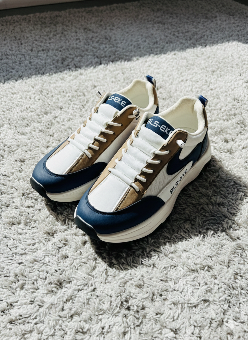 Men’s Premium Chunky Style Fashion Sneakers – Navy, Tan & White
