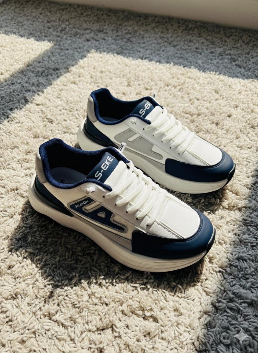 Men’s Premium Chunky Style Fashion Sneakers – White & Navy