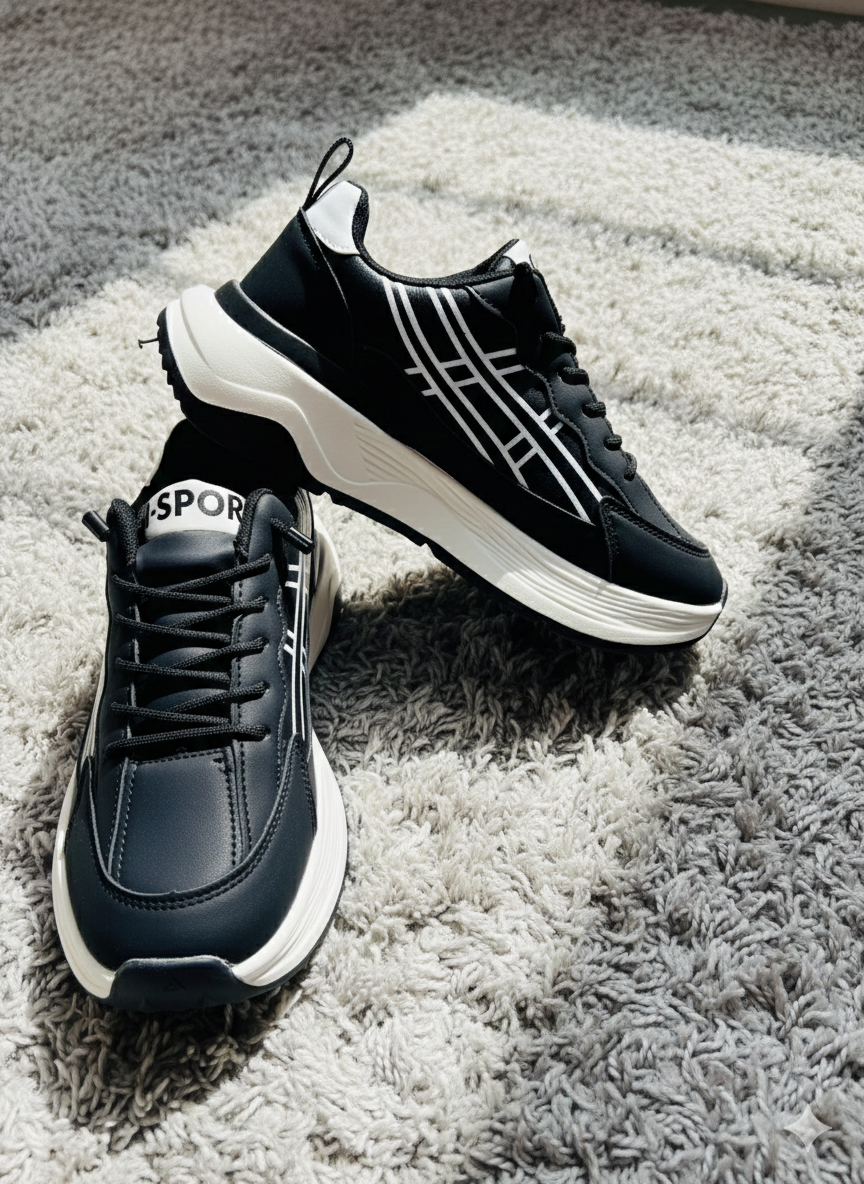Men’s Black & White Chunky Platform Sneakers | Bold Casual Lace-Up Shoes