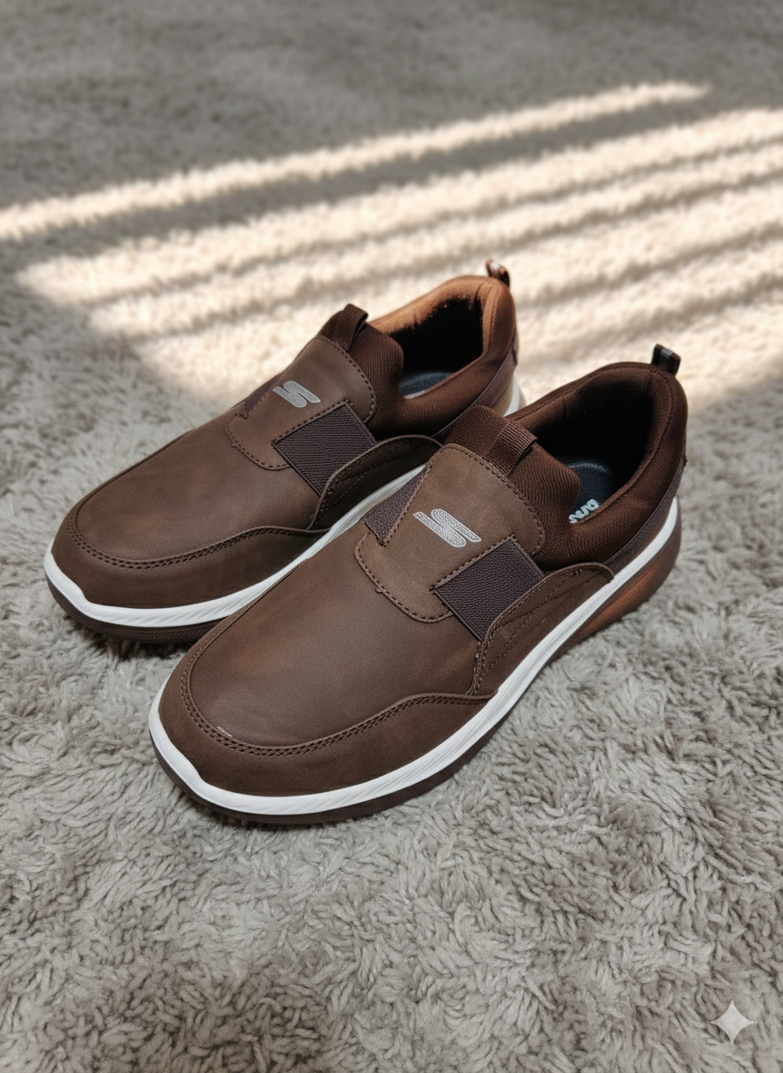 Men’s Faux Leather Slip-On Sneakers - Comfortable Brown Walking Shoes