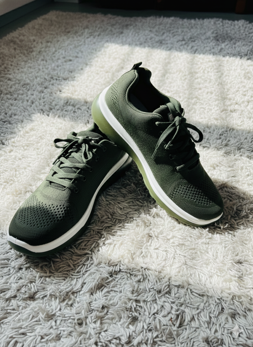 Casual Knit Lifestyle Sneakers - Military Green soft structure & White Sole